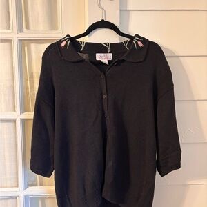 Vintage Black Cardigan with Floral Tulip Collar